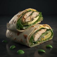 Burrito with chicken and avocado on a black background. Generative AI