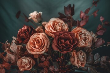 A drop frame adorned with a beautiful bouquet of watercolor marsala roses. Generative AI