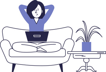 A girl with a laptop is sitting on the couch. Vector scene of home life.