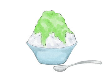 スプーン別の器に入ったメロン味かき氷のイラスト（水彩風）