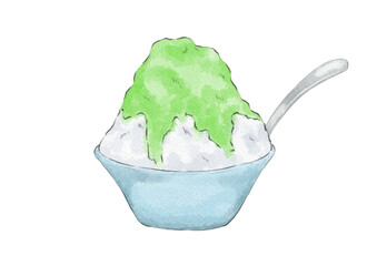 スプーン入りの器に入ったメロン味かき氷のイラスト（水彩風）