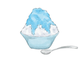 スプーン別の器に入ったブルーハワイ味かき氷のイラスト（水彩風）