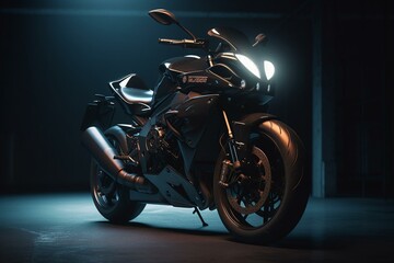 Plakat A 3D illustration of a sleek black sports motorcycle in a dark setting. Generative AI