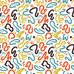 90 s style squiggles seamless pattern. Colorful doodles for textile or background. Cheerful colorful children s lines. Vector illustration