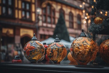 Festive ornaments adorn holiday market in Colmar, Alsace, France. Generative AI - obrazy, fototapety, plakaty