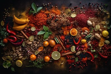 Fototapeta na wymiar Assorted spices create colorful food background. A blend of world flavors. Generative AI