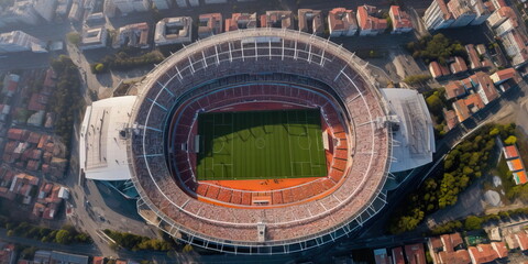 Fototapeta premium bird's-eye view captured by drone of a crowded sports stadium during a major game or event Generative AI