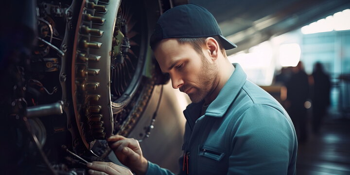 airline mechanic inspecting a plane before takeoff to ensure it is in safe operating condition Generative AI