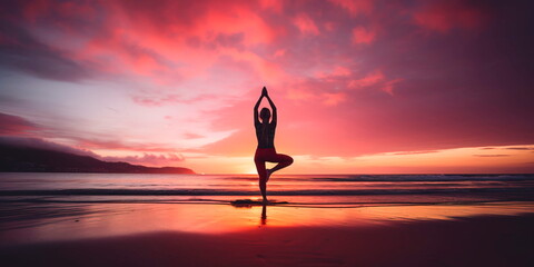 woman practicing yoga on a serene beach at sunrise with a colorful sky in the background Generative AI