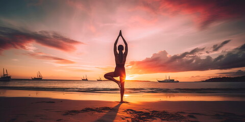 woman practicing yoga on a serene beach at sunrise with a colorful sky in the background Generative AI
