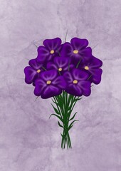Bouquet of seven bloomed purple flowers with a yellow center on a textured pale purple background. Flowers with four petals and green stems with oblong leaves.