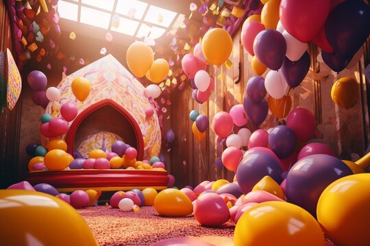 3D Rendered Wallpaper Featuring Modern Carnival Theme With Magenta, Yellow And Cream Balloons. Generative AI