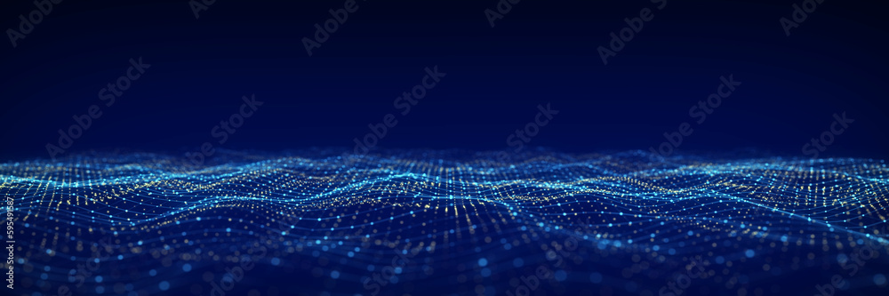 Poster 3D digital dynamic wave. Flow digital structure. Secure cybersecurity data connection. Cyber technology background. 3D rendering.