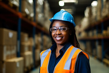 A beautiful woman in a protective helmet and uniform working in a warehouse in a manufacturing factory as a warehouse worker. Standing with her arms crossed. Generative ai