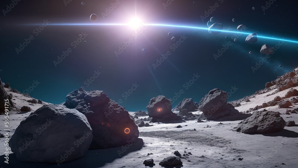 Wall mural a radiant view of a planet with a bright sun and a few rocks ai generative