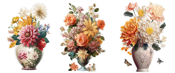 Illustration of Antique Vase with Flowers on transparent background
