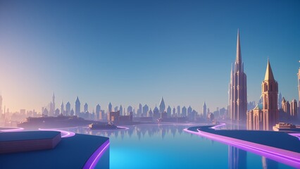 Fototapeta premium A Mesmerizing Cityscape With A Pool And A Large Building AI Generative