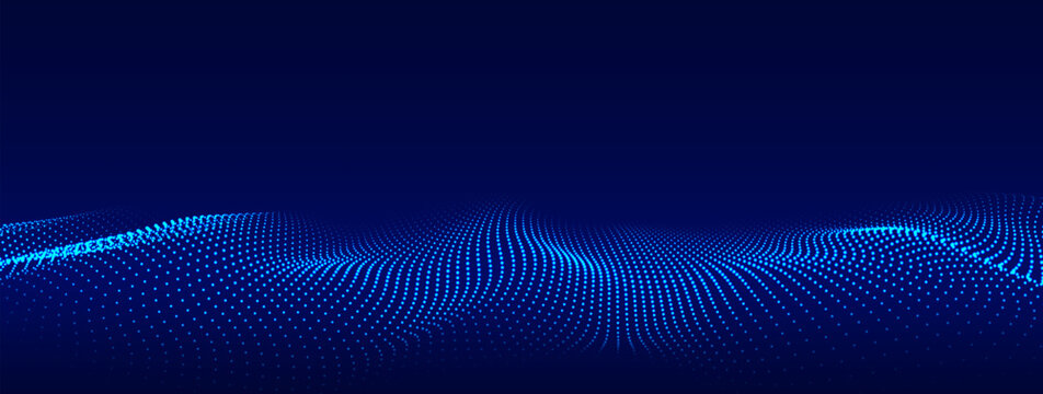 Dynamic blue particle wave. Futuristic point glowing wave. Flow digital structure. Data technology background. Vector illustration.