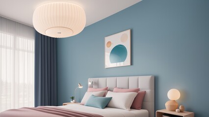 A Colorful Bedroom With A Bed, Nightstand, And A Window AI Generative