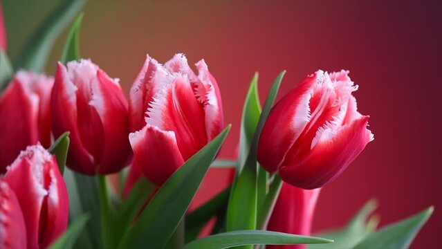 Tulip flowers bunch. Blooming red tulips flower on colourful background, closeup. Holiday gift, bouquet, buds. Beautiful flowers macro shot. Valentine's Day gift, love concept, Easter flowers rotating