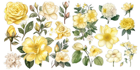 Set of yellow flower watercolor elements on transparent background