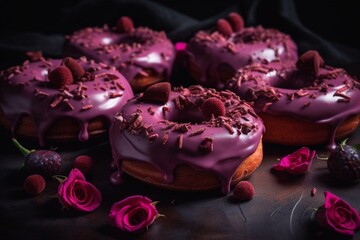 Obraz na płótnie Canvas Chocolate heart donuts with magenta rose pastries. Perfect for Valentine's Day. Generative AI