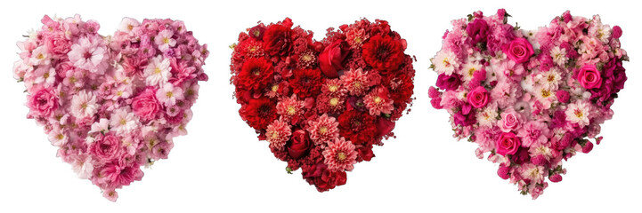 Set of hearts made with flowers on transparent background