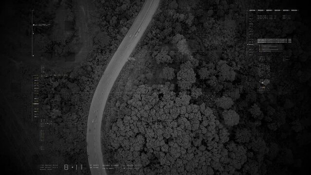Futuristic HUD satellite view of traffic surveillance on a busy expressway junctions tracking and monitoring highway traffic for possible target vehicle
