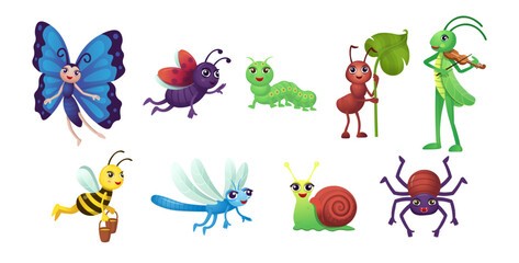 Big set of cartoon insects for kids. Humanized insects with hands and eyes for kids. Fun to study insects to play games.  Insects on white background.
