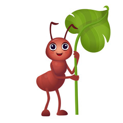 Funny cartoon ant. Ants carry a leaf. Cartoon ant for children on a white background.