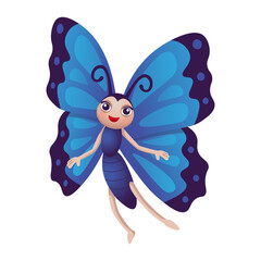  Funny cartoon butterfly.Blue   butterflie. Cartoon butterfly for children on a white background