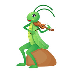  Funny cartoon grasshopper.Grasshopper playing the violin. Cartoon grasshopper for children on a white background