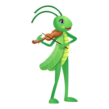  Funny cartoon grasshoppers. Grasshopper stands and plays the violin. Cartoon grasshoppers for children on a white background
