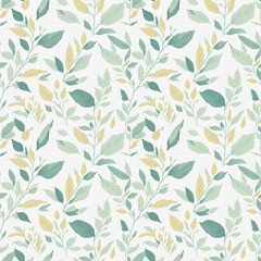Seamless watercolor pattern of green and yellow leaves. AI generative art, upgraded by human