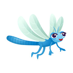 Funny cartoon blue dragonfly. Cartoon dragonfly for children on a white background