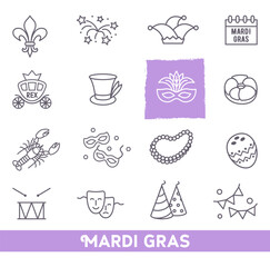 Mardi Gras carnival set icons, design element , linear style. Collection Mardi Gras, mask with feathers, beads and other © Katsiaryna