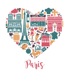 Heart shaped symbols of Paris. A set of vector illustrations