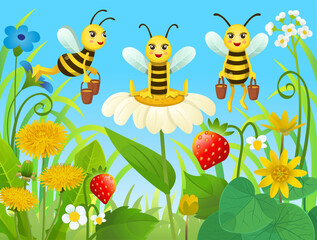 Landscape with cartoon bees on the flower meadow. Сute cartoon bees. Cartoon bees  on flower field. Illustration for children