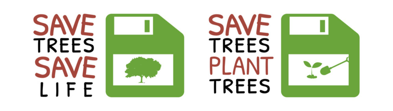 typography black red text save trees, save life logo with diskett icon for go green campaign needs