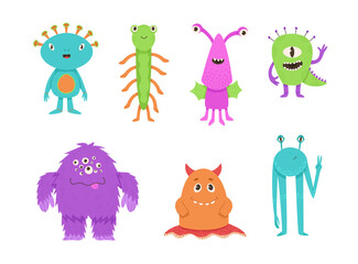 Set of cute aliens character vector illustration. Friendly and funny monsters in cartoon style. Ideal for kids design