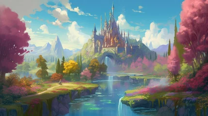 Keuken foto achterwand Fantasie landschap detailed fantasy art, magical realism, old school Disney style, Sunny day, blue sky, flowers, river