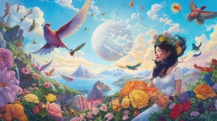 Obraz na płótnie Canvas detailed fantasy art, magical realism, old school Disney style, Sunny day, blue sky, flowers, river