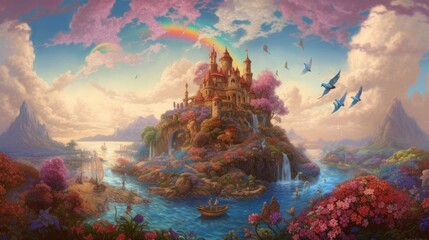 Fototapeta na wymiar detailed fantasy art, magical realism, old school Disney style, Sunny day, blue sky, flowers, river