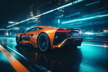 Fototapeta na wymiar Futuristic sports car races on neon highway. Superfast acceleration on colorful night track. Generative AI