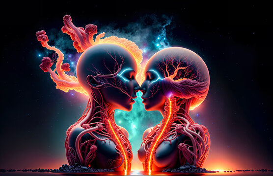 Psychedelic Love: A Surreal and Trippy Kiss Between a Couple in a Celestial Garden.