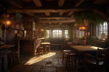 Fototapeta na wymiar the interior of one of the lords of middle earth's pub - Generative AI
