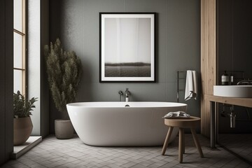 Obraz na płótnie Canvas A framed mockup in a Scandinavian-styled bathroom, 3D-rendered. Generative AI
