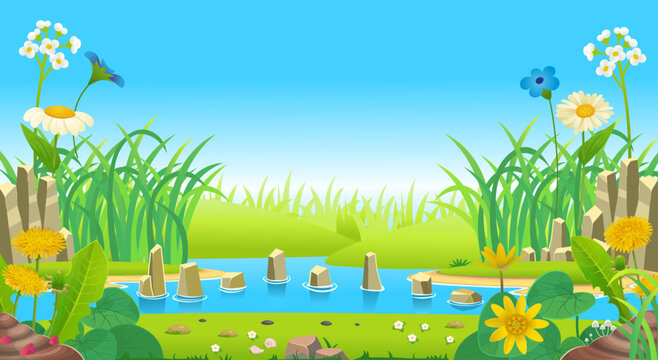 lake or river with island grass and flowers. Scene for stories. Fantasy island. Cartoon style for kids Vector.
