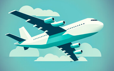 Cargo plane in gradient blue sky, representing the importance of transportation in the commercial world. Flat and minimalist style for corporate marketing materials. Generative AI