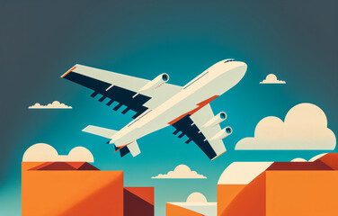 Cargo plane flying in a shaded blue sky; minimalist illustration adapted to corporate marketing materials. Generative AI